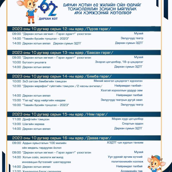 ДАРХАН ХОТ ҮҮСЭН БАЙГУУЛАГДСАНЫ 62 ЖИЛИЙН ОЙГ ТОХИОЛДУУЛАН ЗОХИОН БАЙГУУЛАГДАХ ҮЙЛ АЖИЛЛАГААНЫ ХӨТӨЛБӨРИЙГ ТАНИЛЦУУЛЖ БАЙНА.