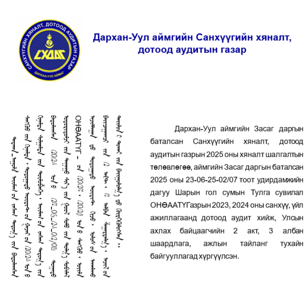 ШАРЫН ГОЛ СУМЫН ТУЛГА СУВИЛАЛ ОНӨААТҮГ-ЫН ҮЙЛ АЖИЛЛАГААНД ДОТООД АУДИТ ХИЙЛЭЭ.